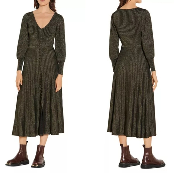 SANDRO AURE LUREX METALLIC KNIT PLEATED DRESS - Picture 1 of 11